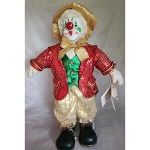 VTG Rare Large Porcelain 22" Stunning Gold Red Circus Clown Doll w/Stand & COA